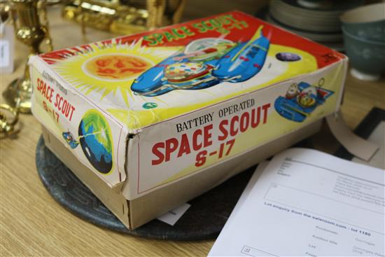 A Japanese tinplate model, Space Scout S-17, a Hornby Midlander train set and Hornby track (all boxed)